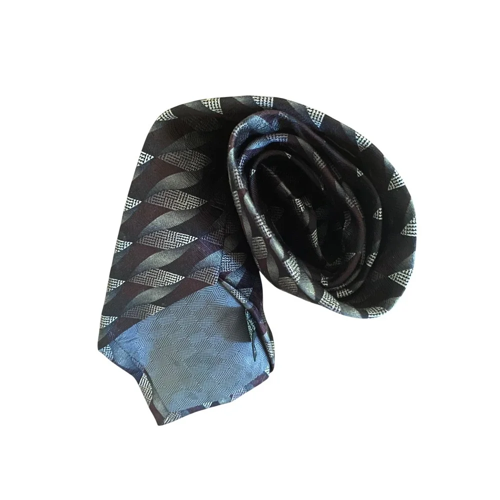 Joseph & Feiss International Mens Silk Tie‎ Burgundy Silver Grey Geometric Wavy